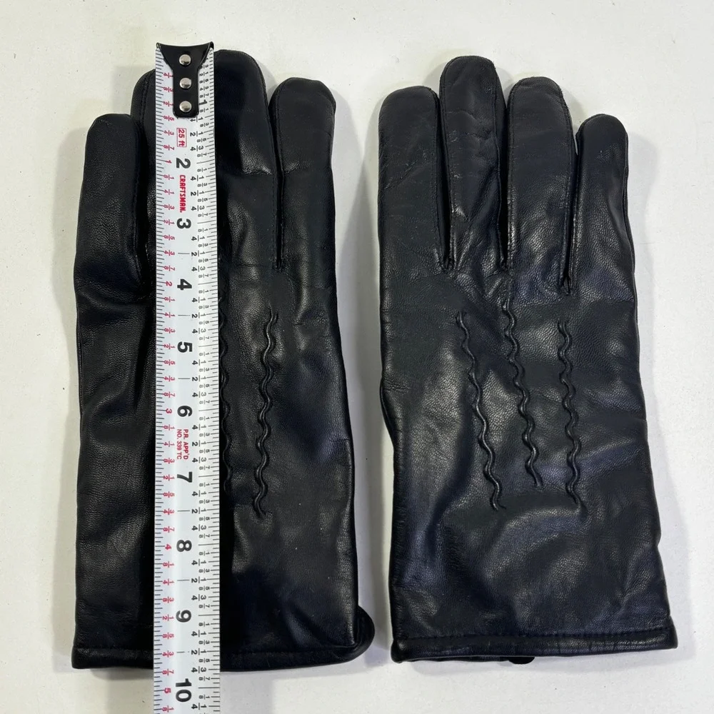 Black Genuine Leather Gloves Womens Large Faux Fur Lined Wavy Stitch